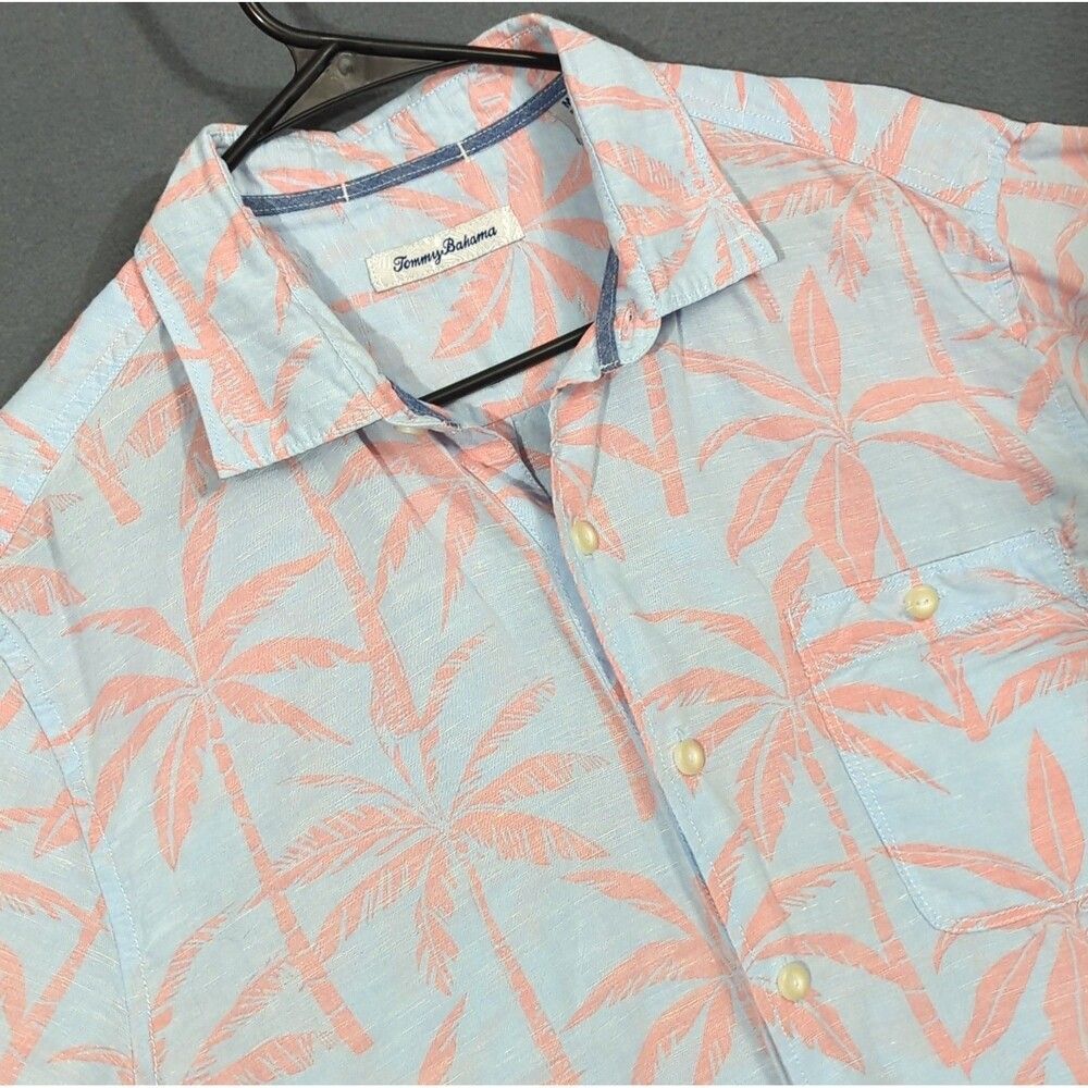 Tommy Bahama Shirt Men's M Blue & Pink Linen Tencel Blend Short Sleeve Button Up